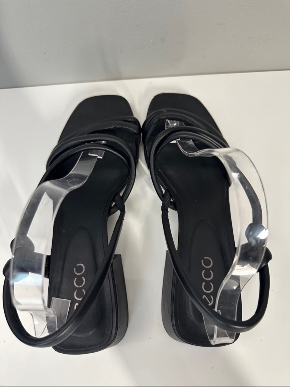 Ecco Elevate Black Leather Slip On Block Heel Square Toe Strappy Sandals 41(10) - Picture 8 of 14